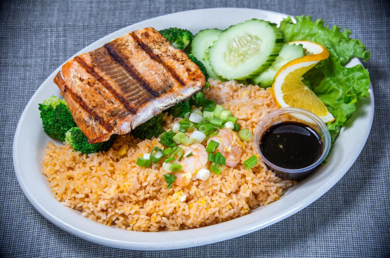 S12 Teriyaki salmon - Thai BBQ teriyaki salmon with fried rice